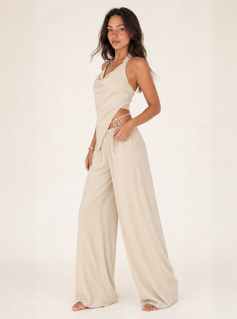 Zweiteiler Wasserfall-Top & Bindeband-Hose, Halbprofil